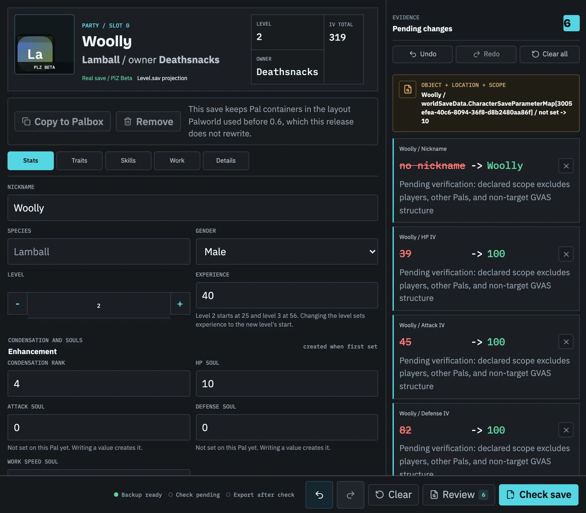 Palworld Save Editor's Pal editor with a real save open: a renamed Lamball with three IVs raised to 100, each change listed with its before and after value