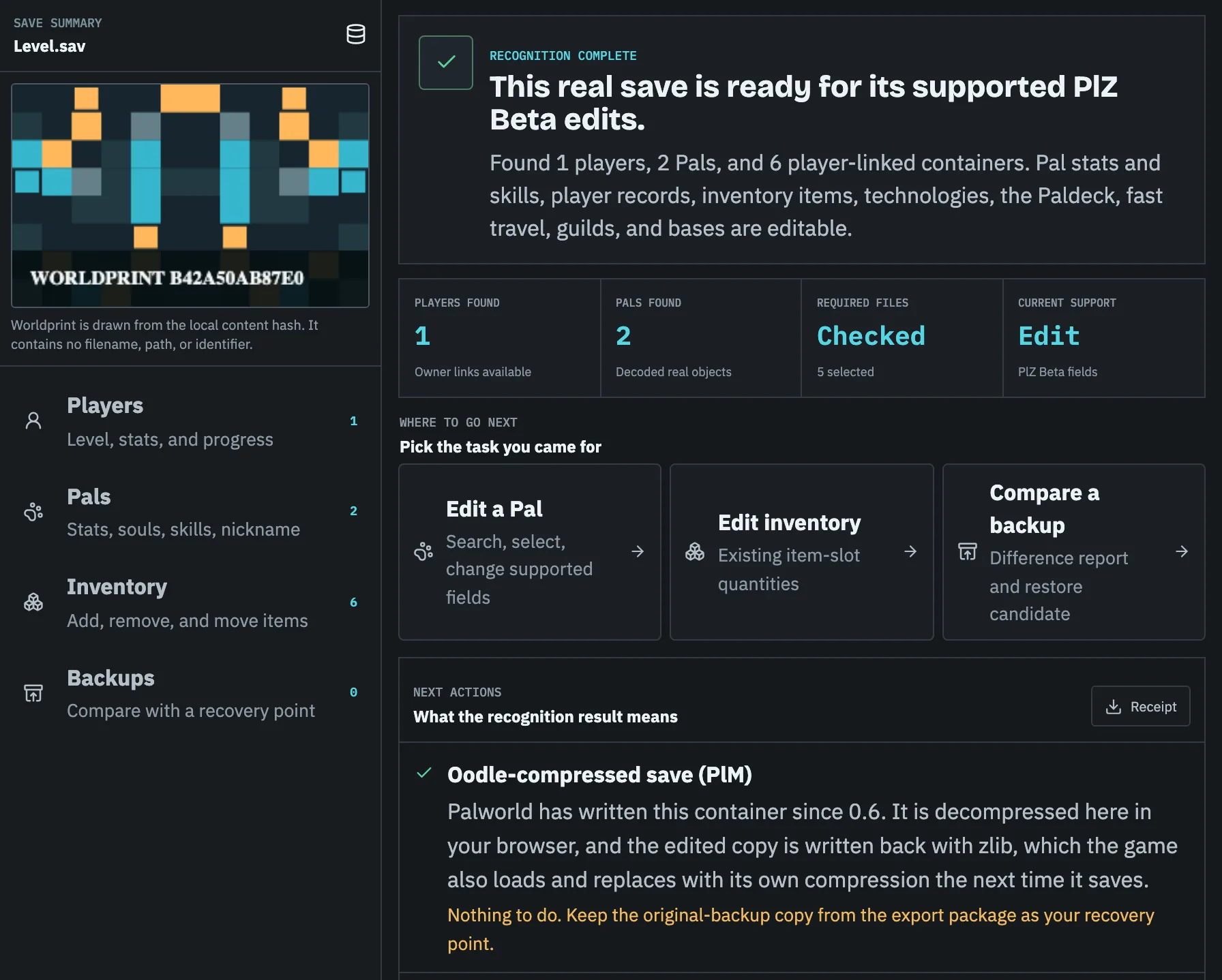 Palworld 1.0 save compatibility result showing PlM Oodle compression recognized and the world open for editing