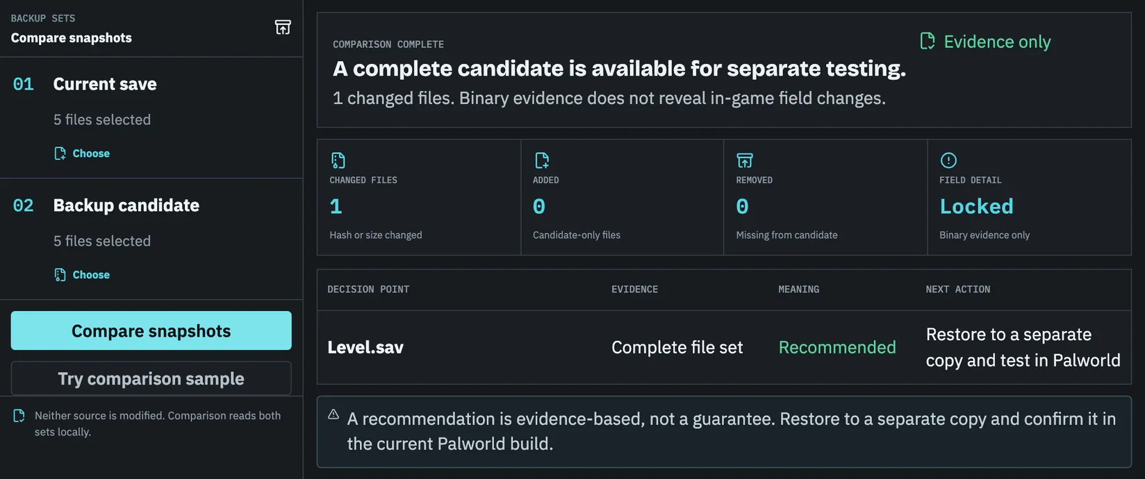 Palworld save repair comparison of an edited world against its backup, showing one changed file and a complete candidate recommended for separate testing