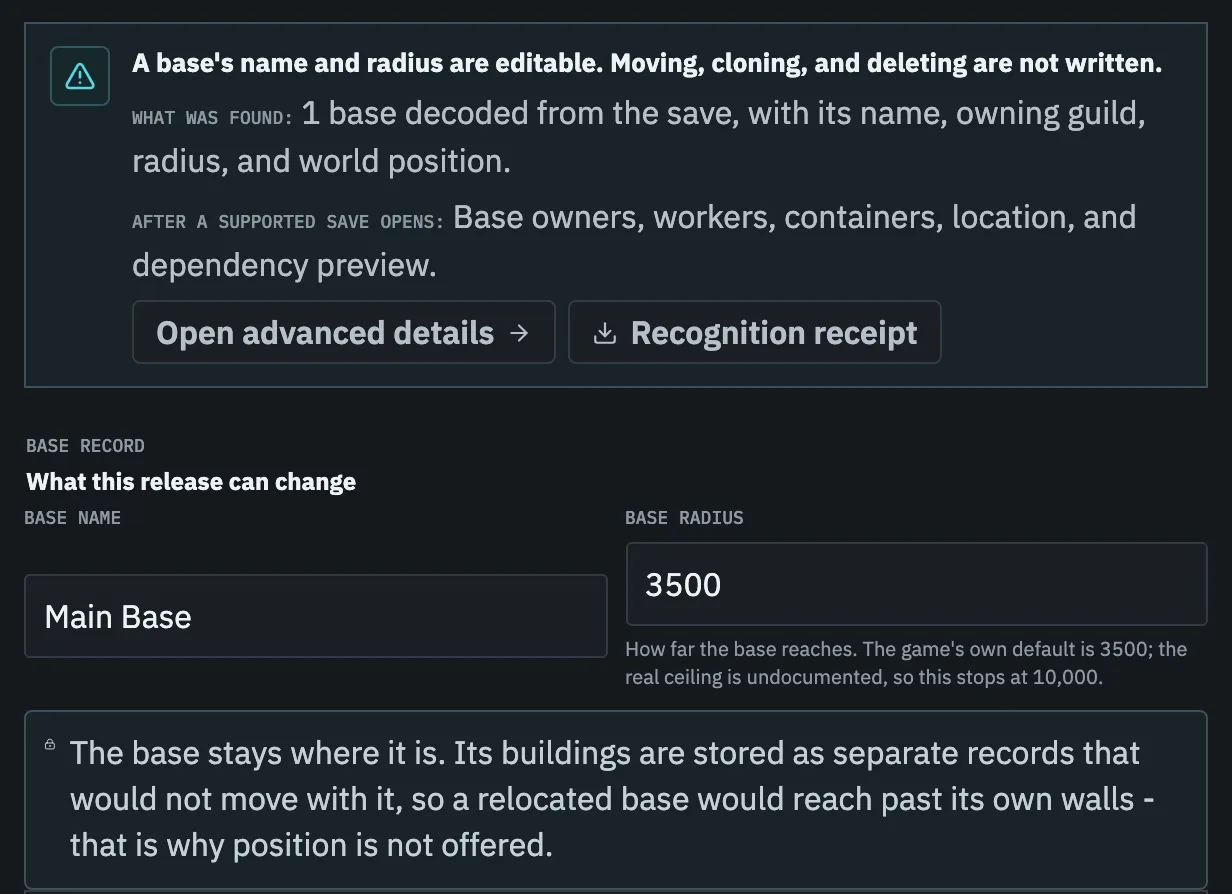 Palworld Save Editor base editor with the base name and radius editable and a notice that the base's position stays fixed