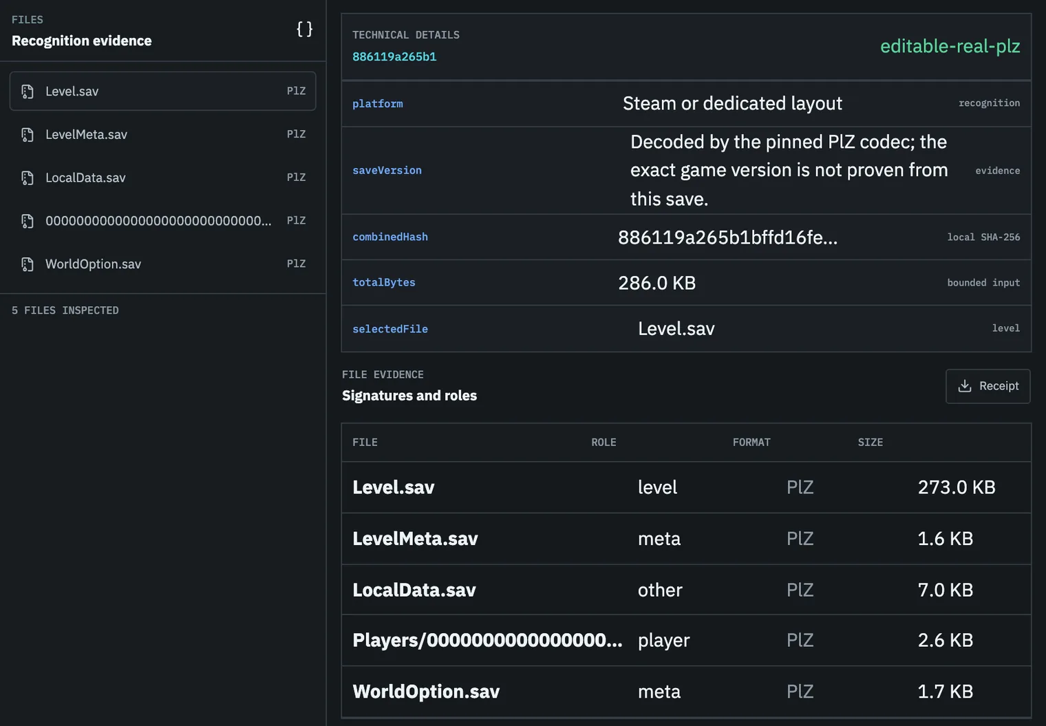 Palworld Save Editor advanced details showing each save file's role, format signature, and size, a local SHA-256 hash, and the capability state