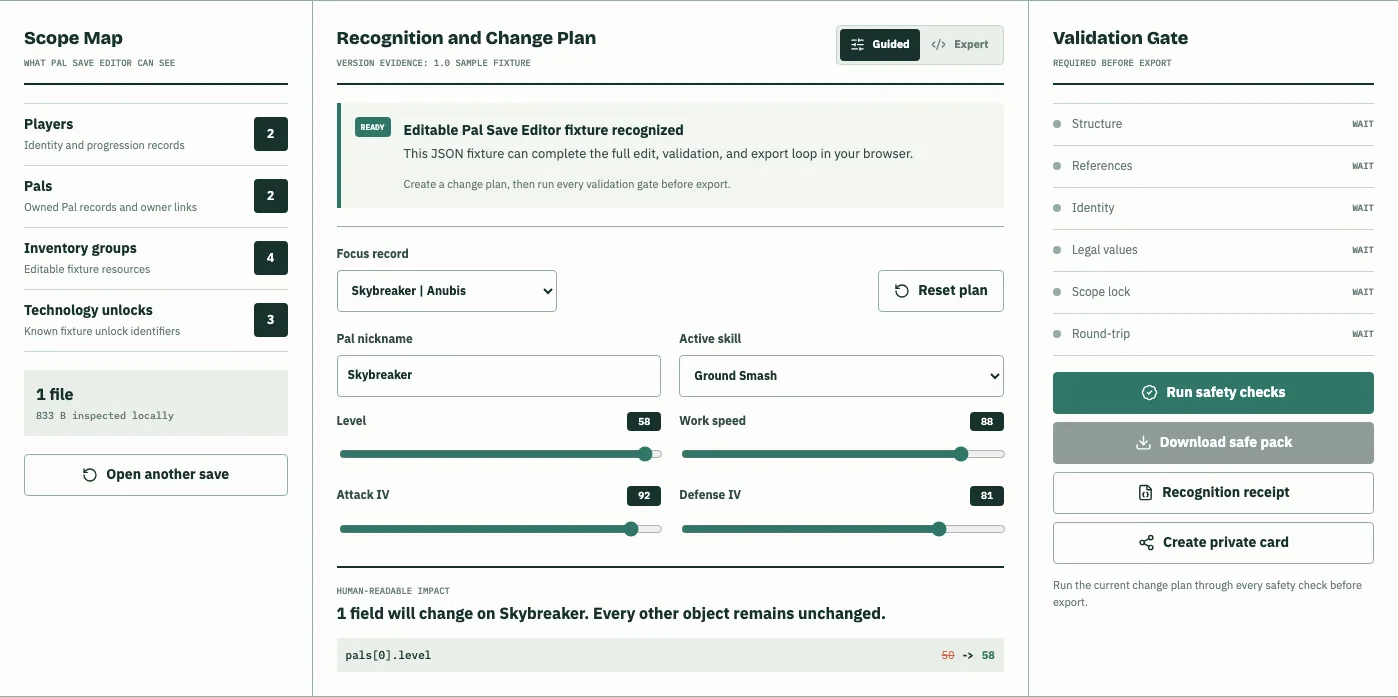 Palworld Save Editor Online showing a level change from 50 to 58 with Scope Map and field-level impact preview