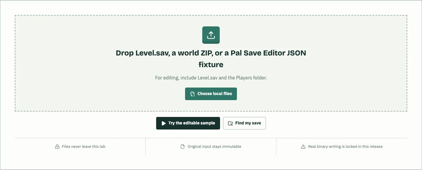 Palworld save file location workflow with local Level.sav, world ZIP, and Players folder intake