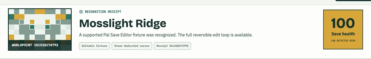 Palworld save backup Recognition Receipt with a local Worldprint and immutable source evidence