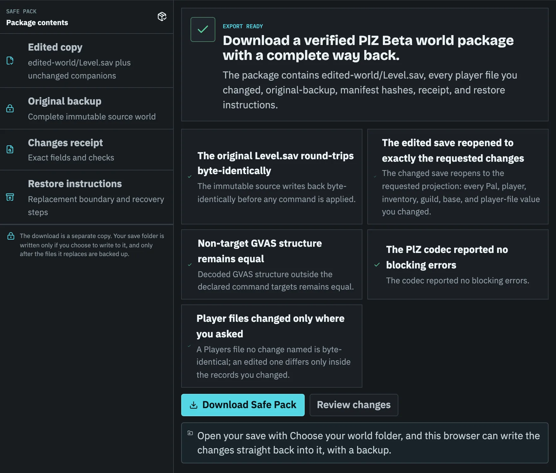 Palworld Save Editor export screen after Check save passed, with round-trip, reopen, non-target, codec, and player-file checks and the Safe Pack download unlocked