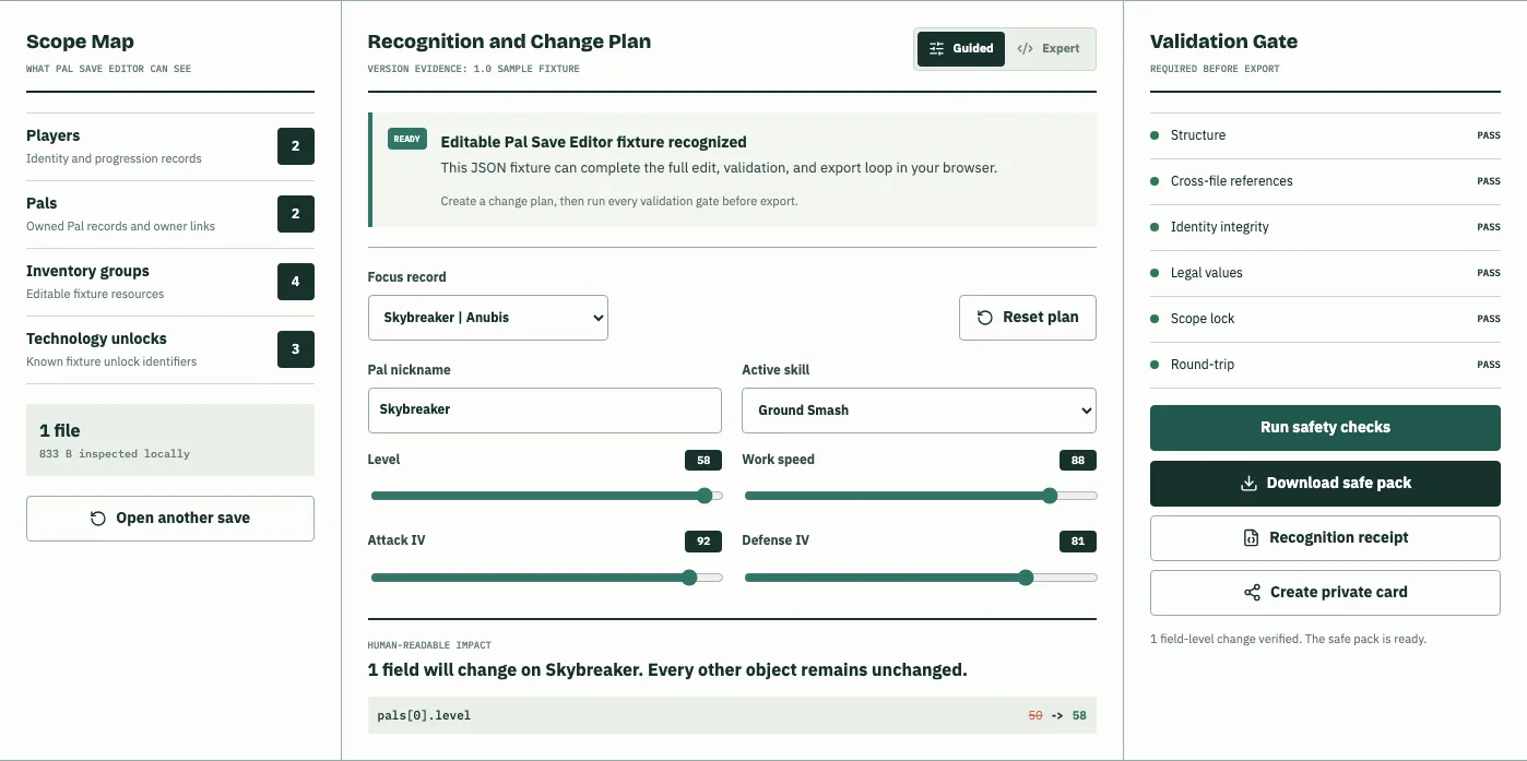Palworld Save Editor validation gate showing six required checks before safe pack download