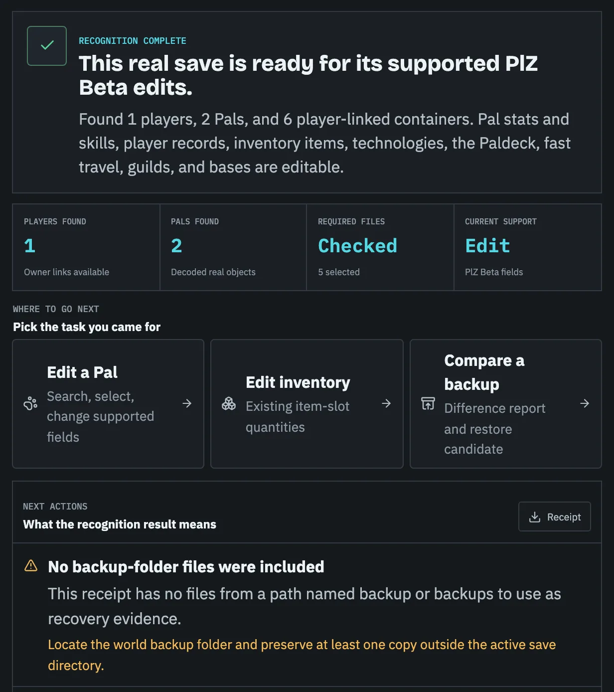 Palworld Save Editor world overview after opening a real save: players and Pals found, required files checked, current edit support, and a missing-backup warning